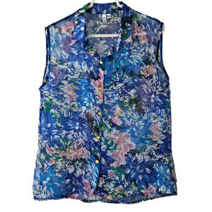 Top Lapis sheer floral blue green yellow print sleeveless button up blouse Large